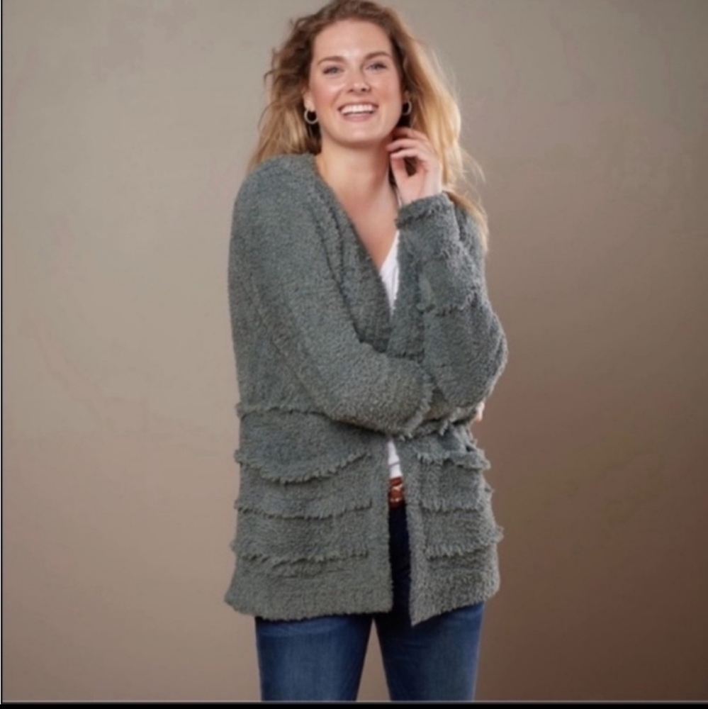 Barefoot Dreams cozychic plush open cardigan, fringed detail, size 2X